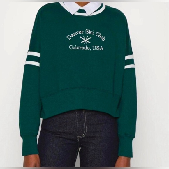 Abercrombie & Fitch Soft AF Denver Ski Club Colorado Crop Green Crew Sweatshirt - Picture 1 of 10